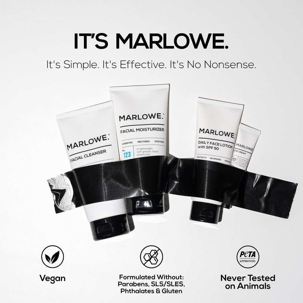 MARLOWE No.204 men skincare routine shot invites easy daily self-care