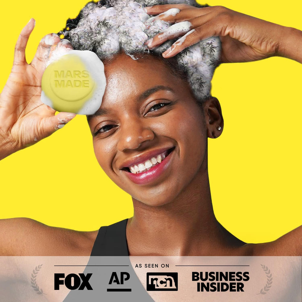 Mars Made Beer Yeast Shampoo Bar on sink emphasizes sustainable, bottle-free care