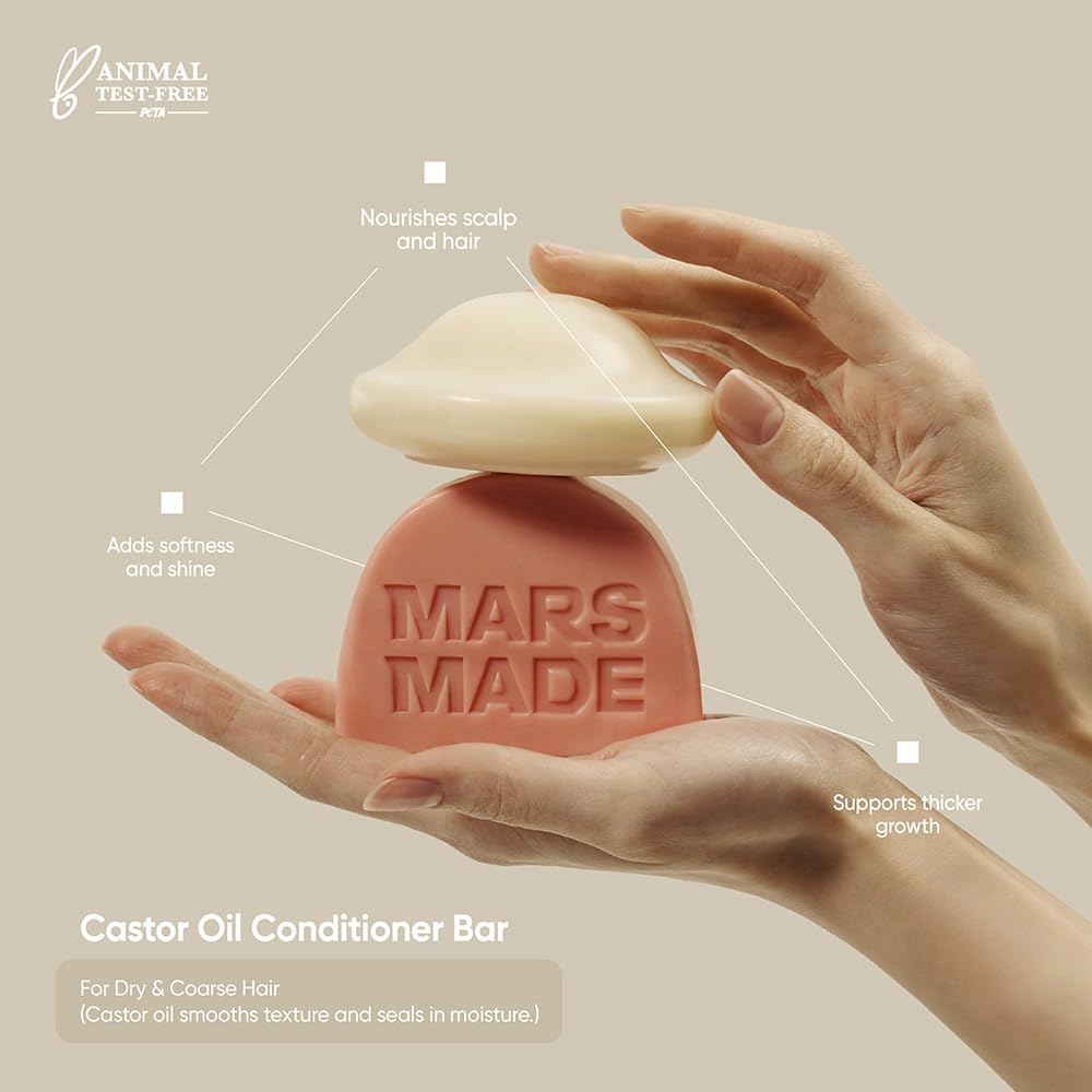 MARS MADE Castor Oil Conditioner Bar lathers to cleanse and moisturize hair.
