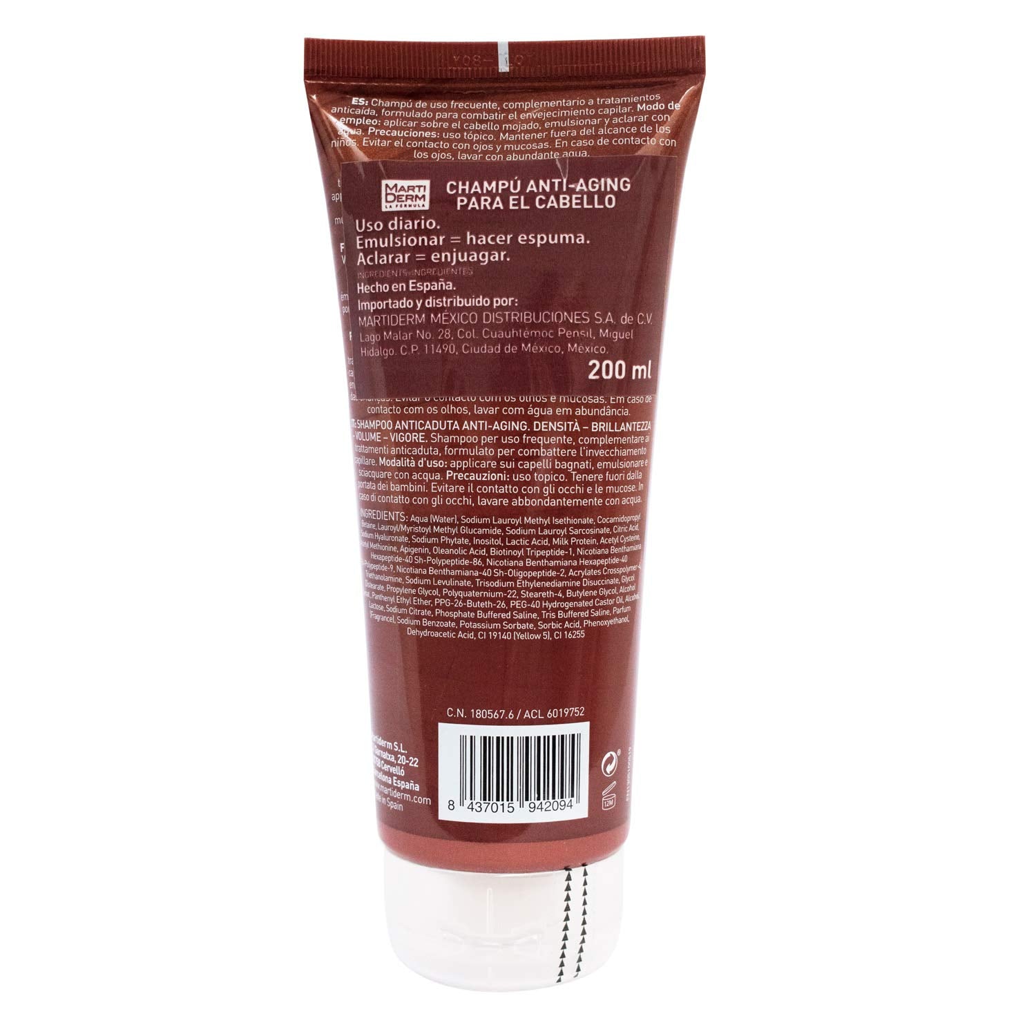 Martiderm anti hair-loss shampoo application close-up suggests easy daily use.
