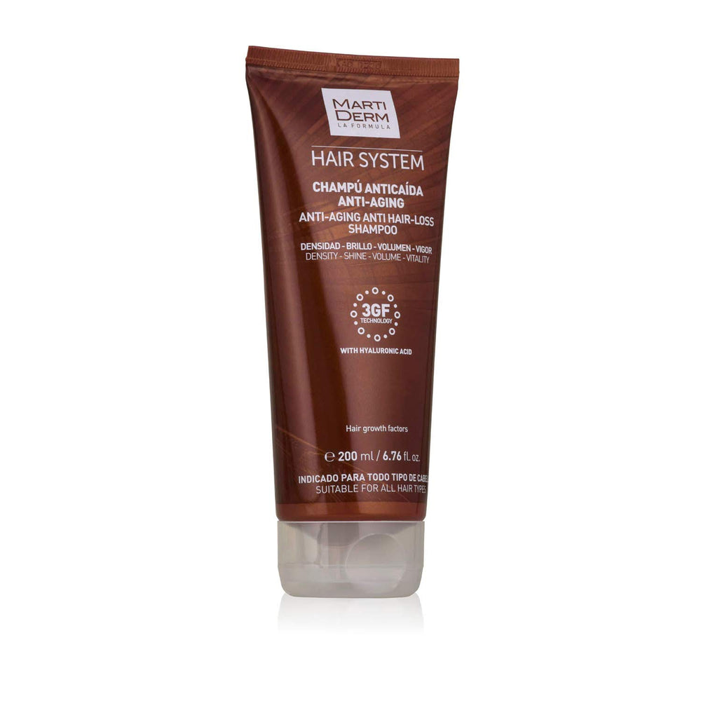 Martiderm anti hair-loss shampoo bottle front shows premium packaging for daily scalp care.