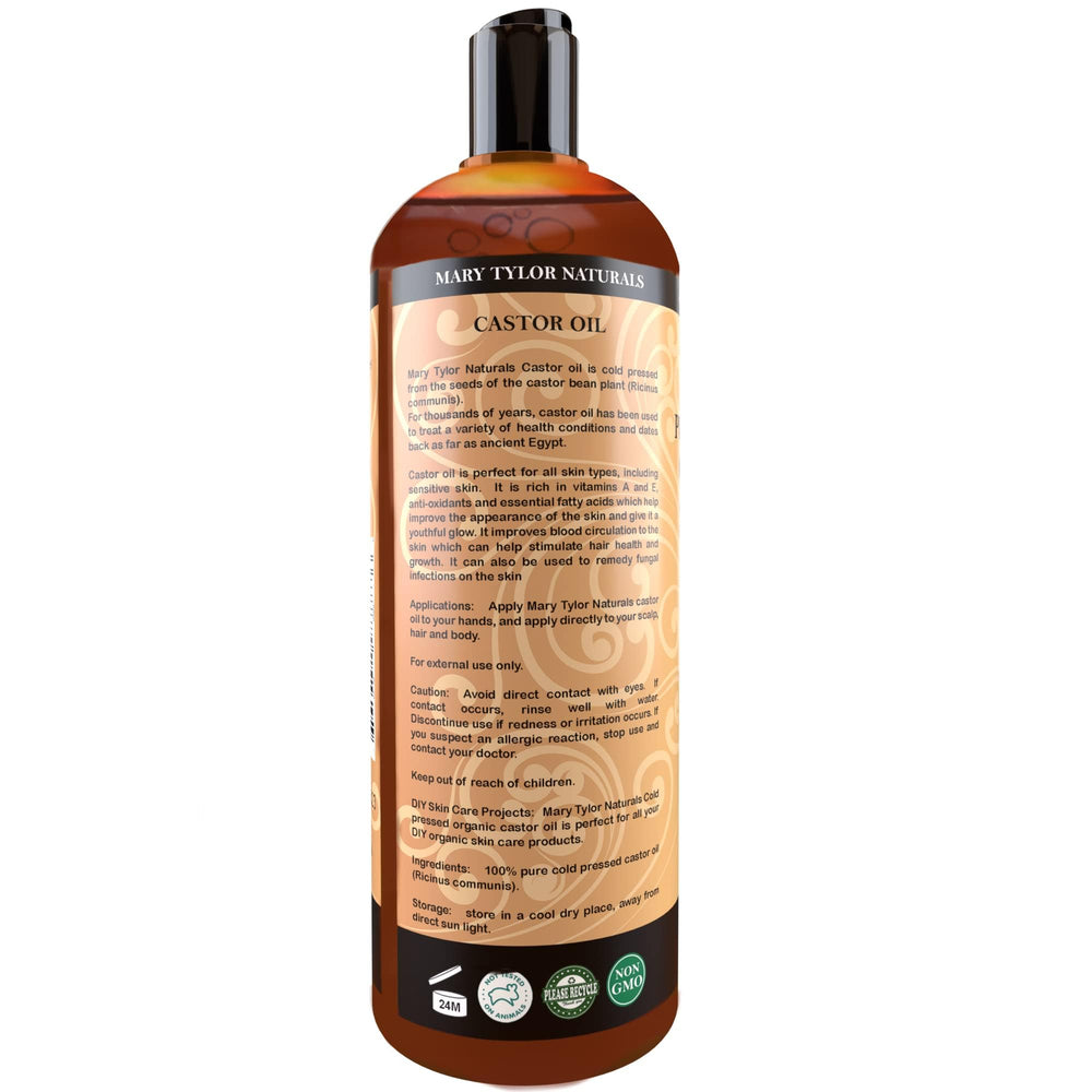 Mary Tylor Naturals castor oil highlights vitamins A and E for nourishing routines.