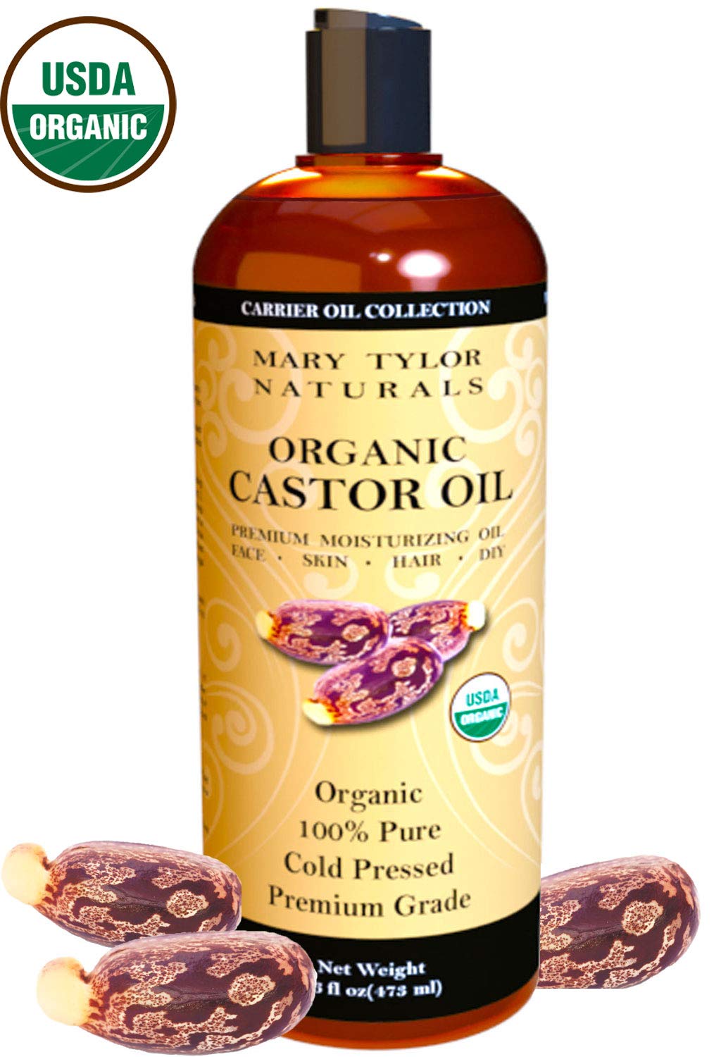 Mary Tylor Naturals castor oil close-up showing virgin cold-pressed quality for hair care.
