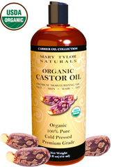 Mary Tylor Naturals castor oil close-up showing virgin cold-pressed quality for hair care.