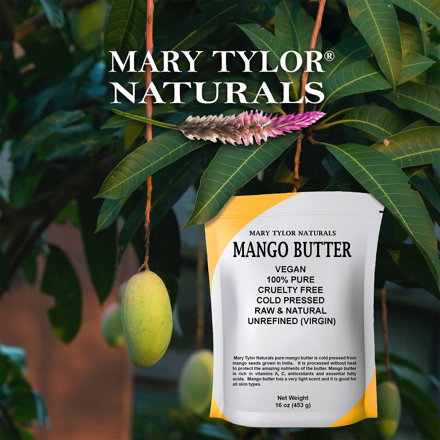 Mary Tylor Naturals mango butter packaging stand zipper for easy storage