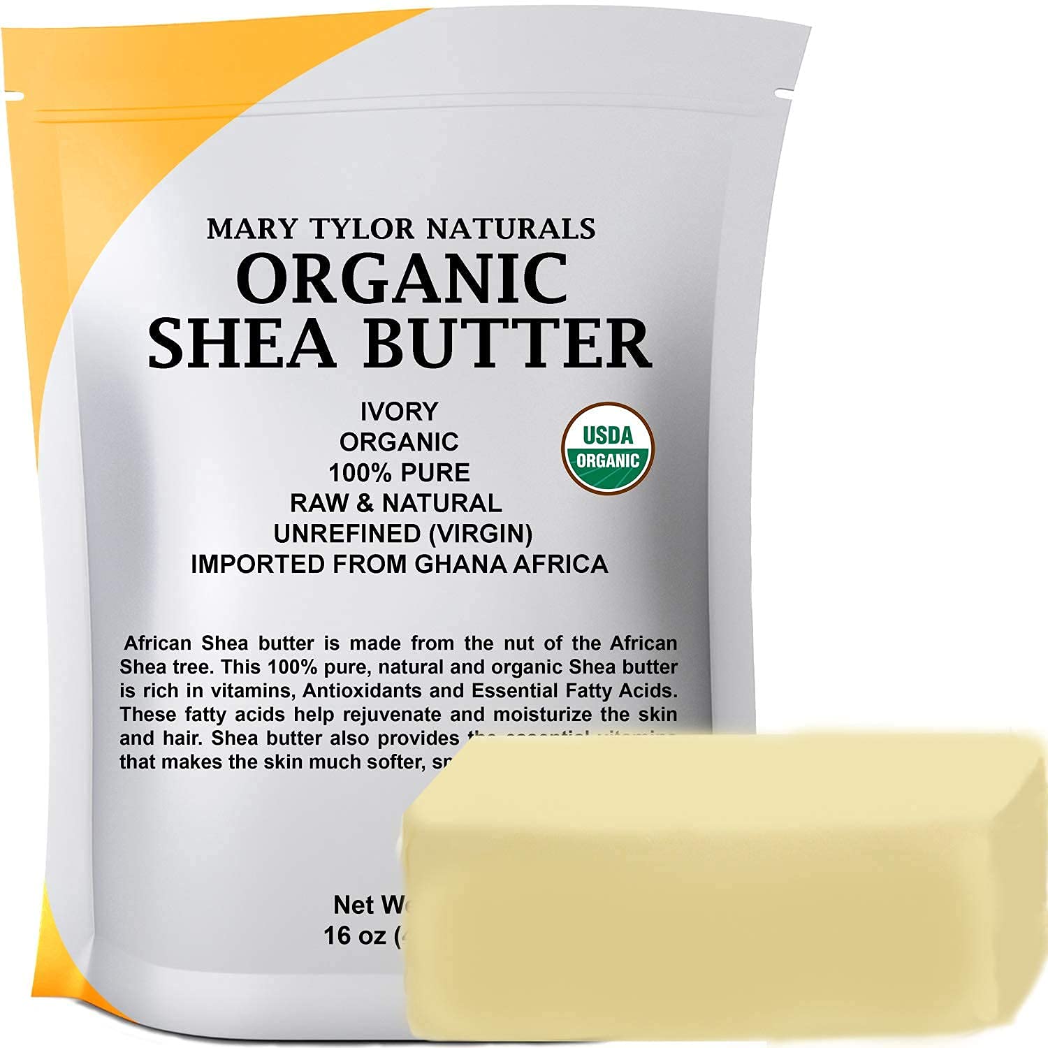 Mary Tylor Naturals Organic Shea Butter 1lb raw, unrefined block for deep moisture