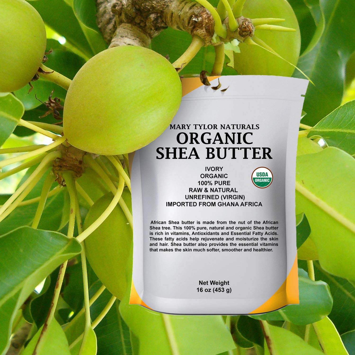 Mary Tylor Naturals shea butter from Ghana offers pure moisture for daily skin care.