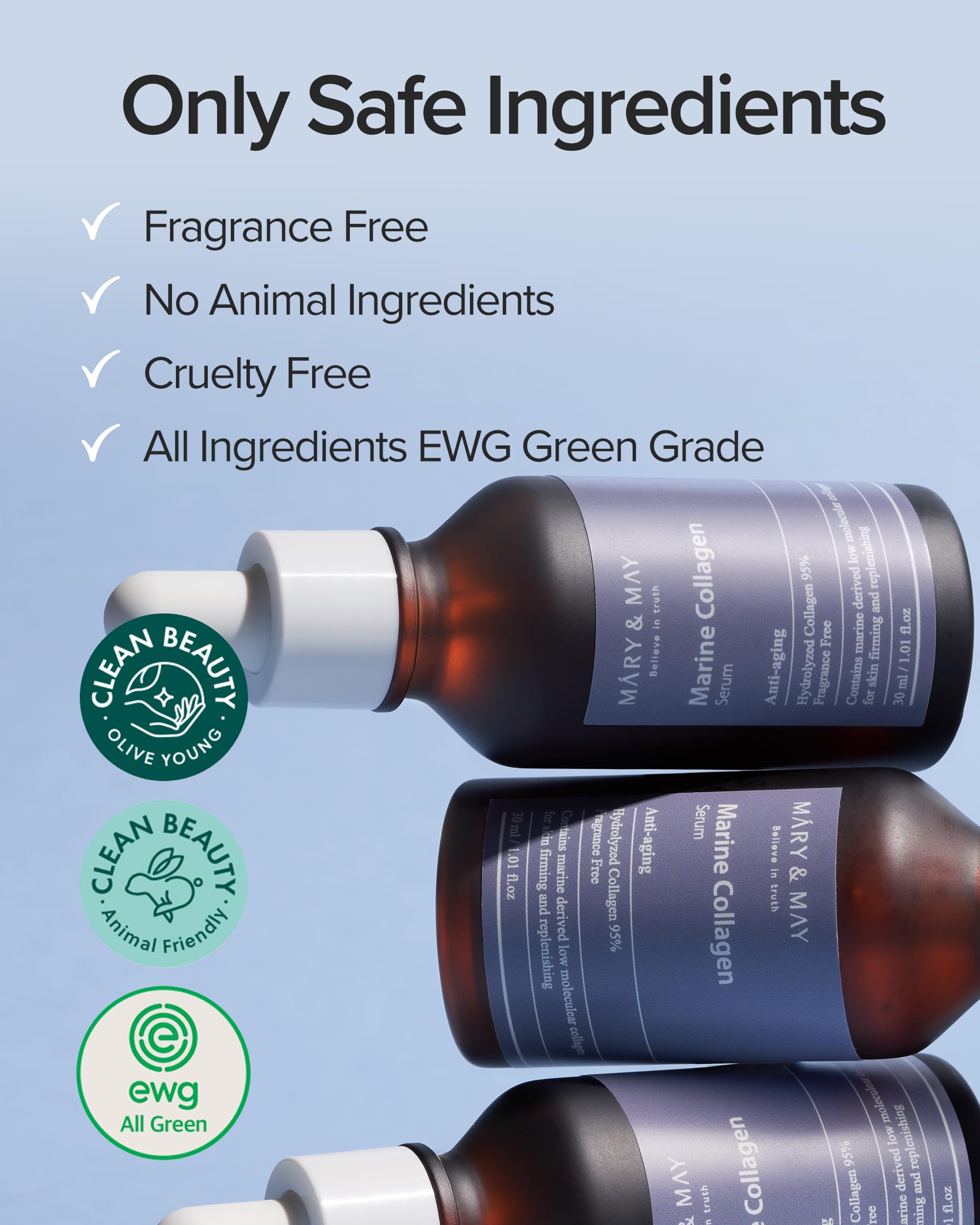Fragrance-free icon beside Mary&May bottle signals sensitive-skin friendly formula