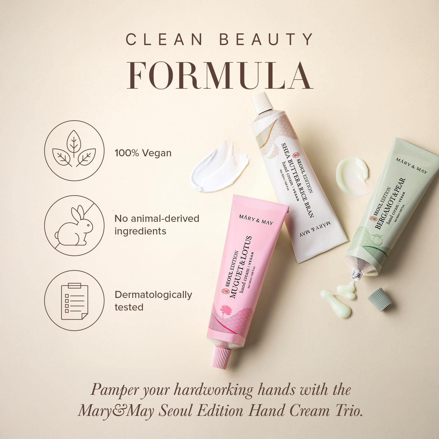 Mary&May hand cream swatch shows smooth texture and quick absorption.