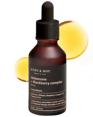 Mary&May Idebenone Blackberry Serum bottle highlights antioxidant skincare benefits.