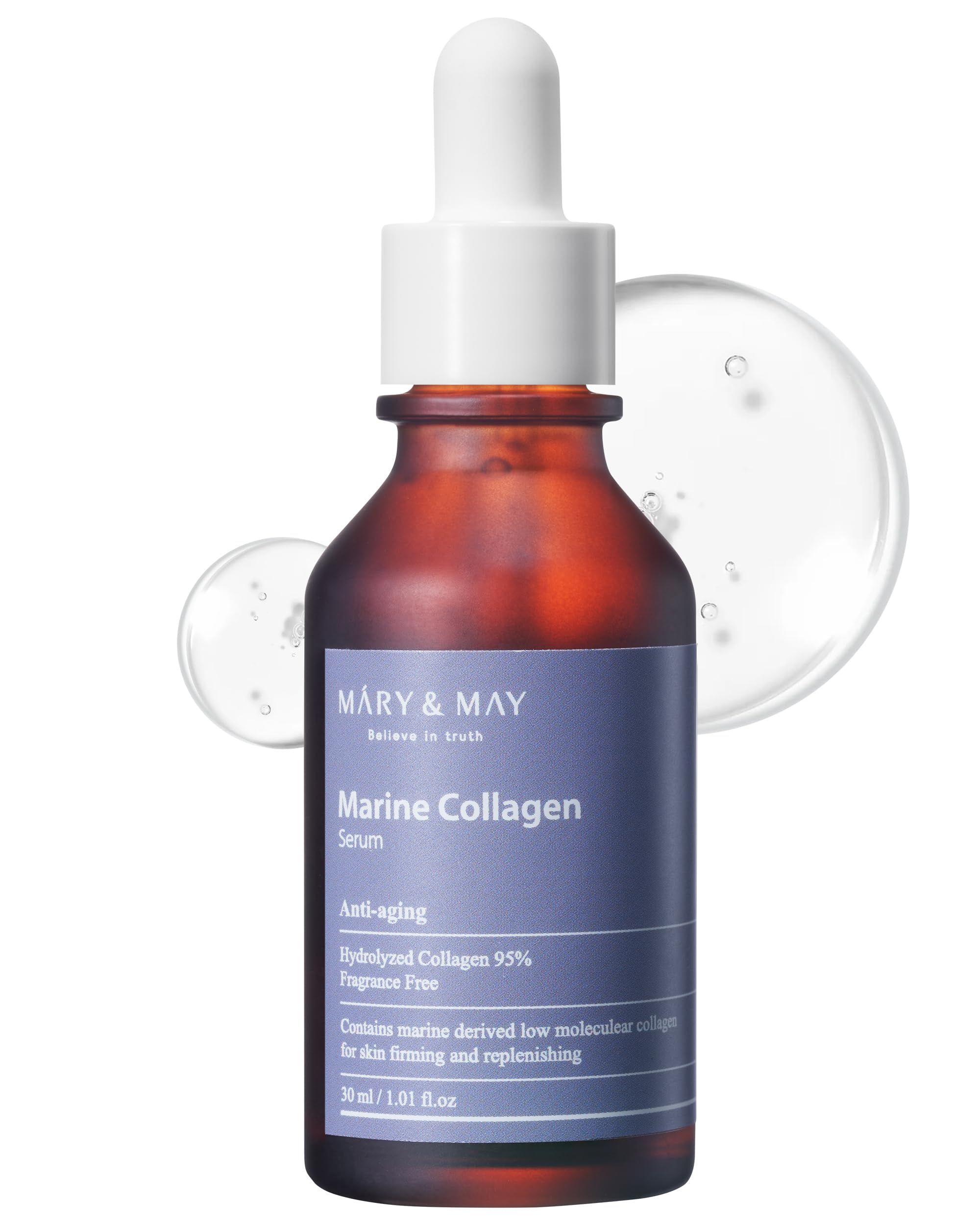 Mary&May Marine Collagen Serum bottle front view, fragrance-free and hydrating for daily skincare