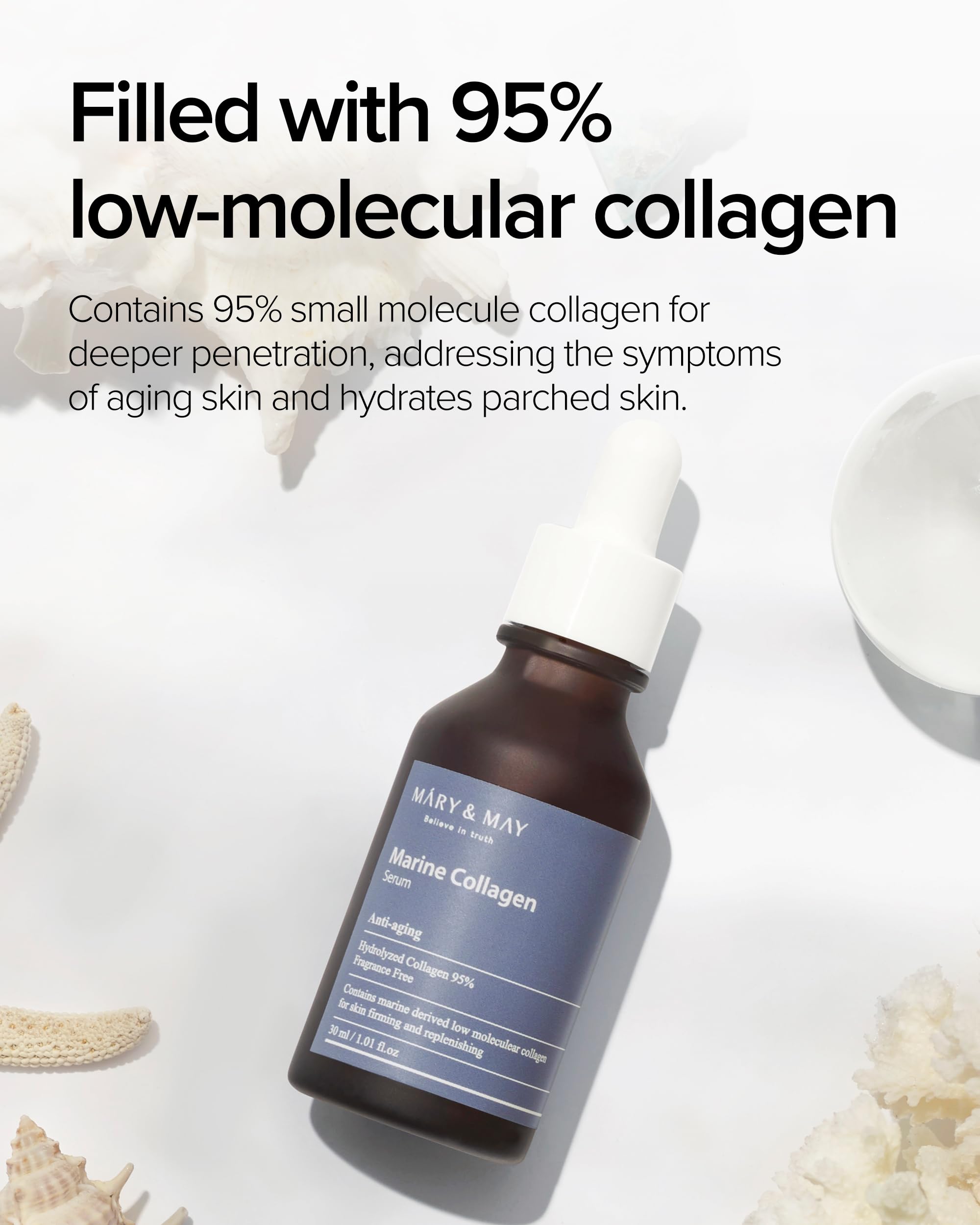 Close-up of Mary&May Marine Collagen Serum texture, silky absorption for a quick skin boost