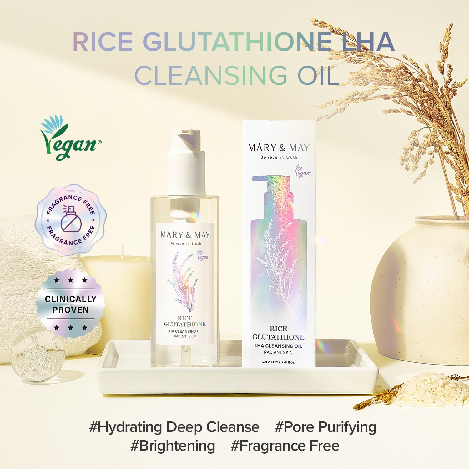 Rice cleansing oil emulsion transforms with water into a milky rinse