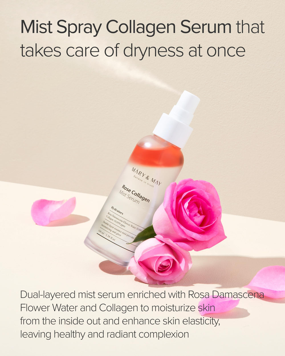 Mary&May Rose Collagen Mist Serum ingredients blend with plant oils