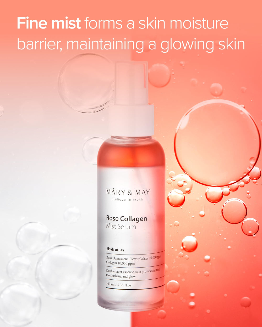 Mary&May Rose Collagen Mist Serum applied on skin for a dewy glow