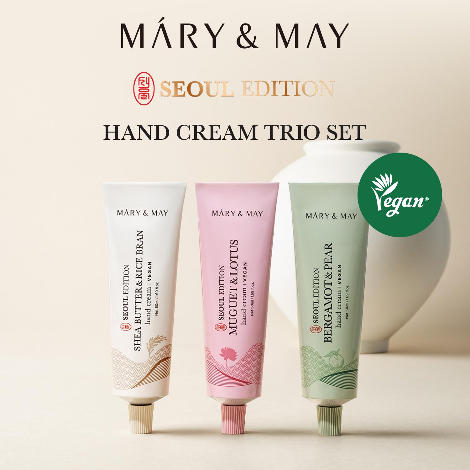 Mary&May Seoul Edition trio packaging closeup highlights sustainable packaging materials.