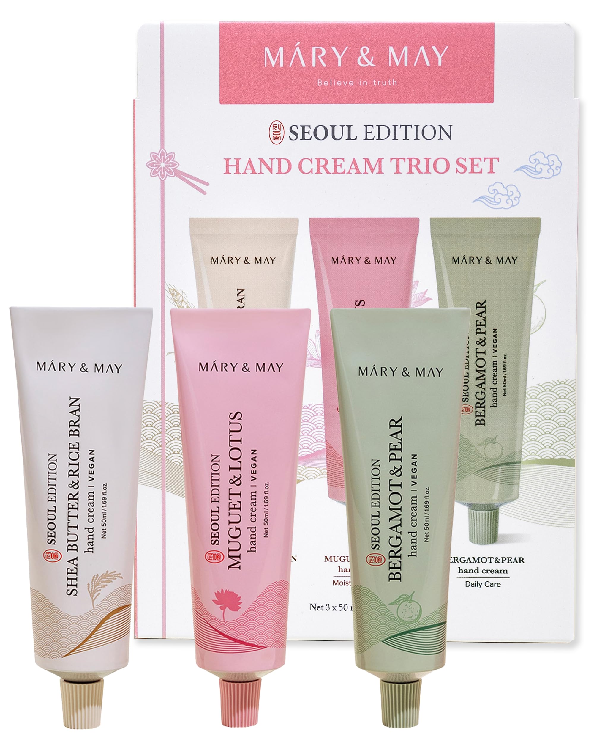 Mary&May Seoul Edition trio set front view shows three hydrating hand creams.