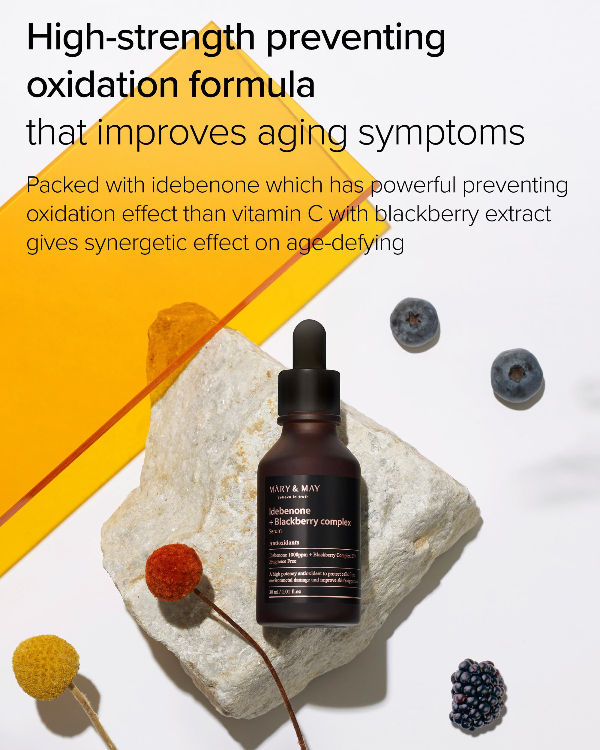 Mary&May Idebenone Blackberry Serum texture close-up suggests smooth, hydrating feel.