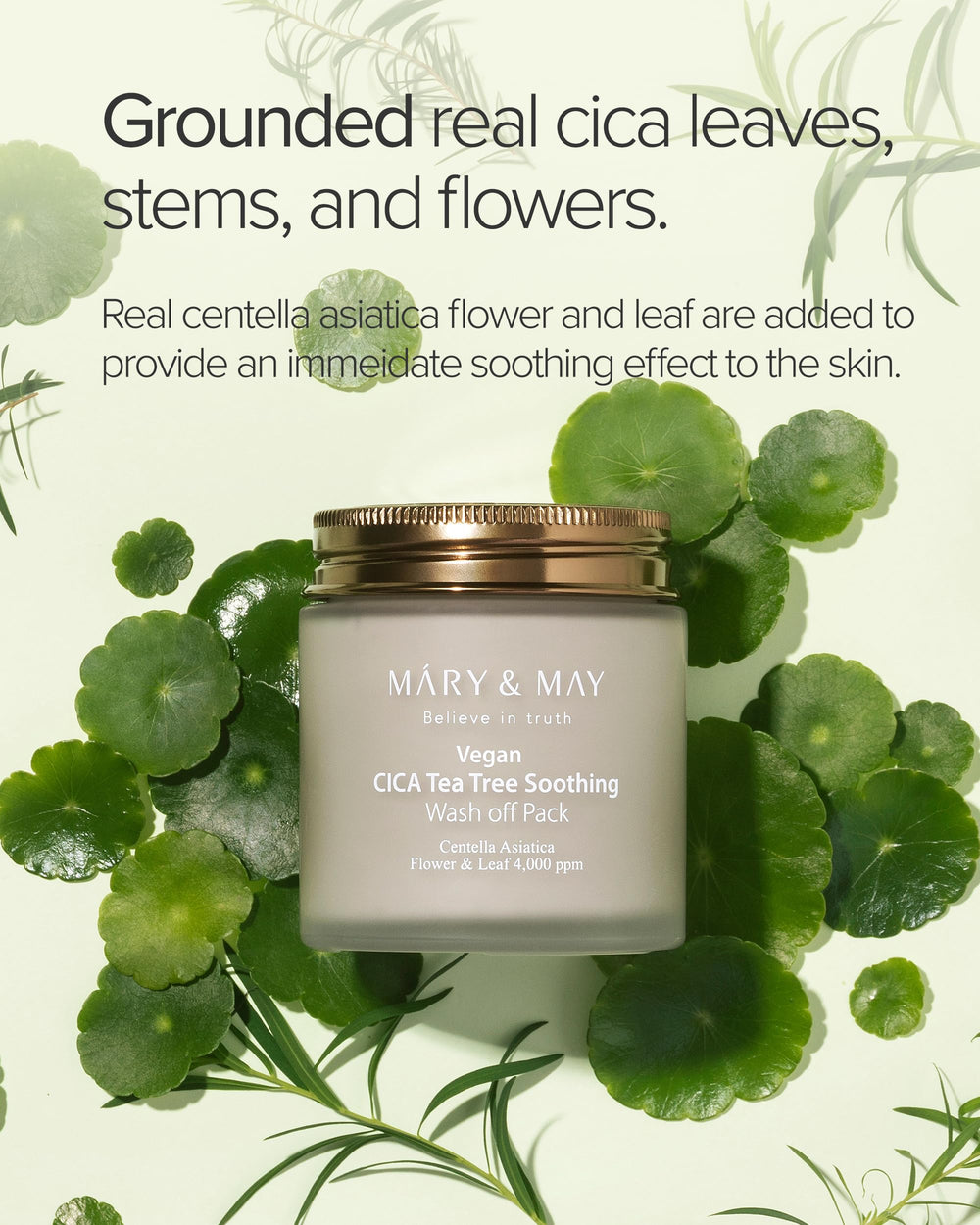 Mary&May vegan Cica Tea Tree mask on face showing creamy clay application