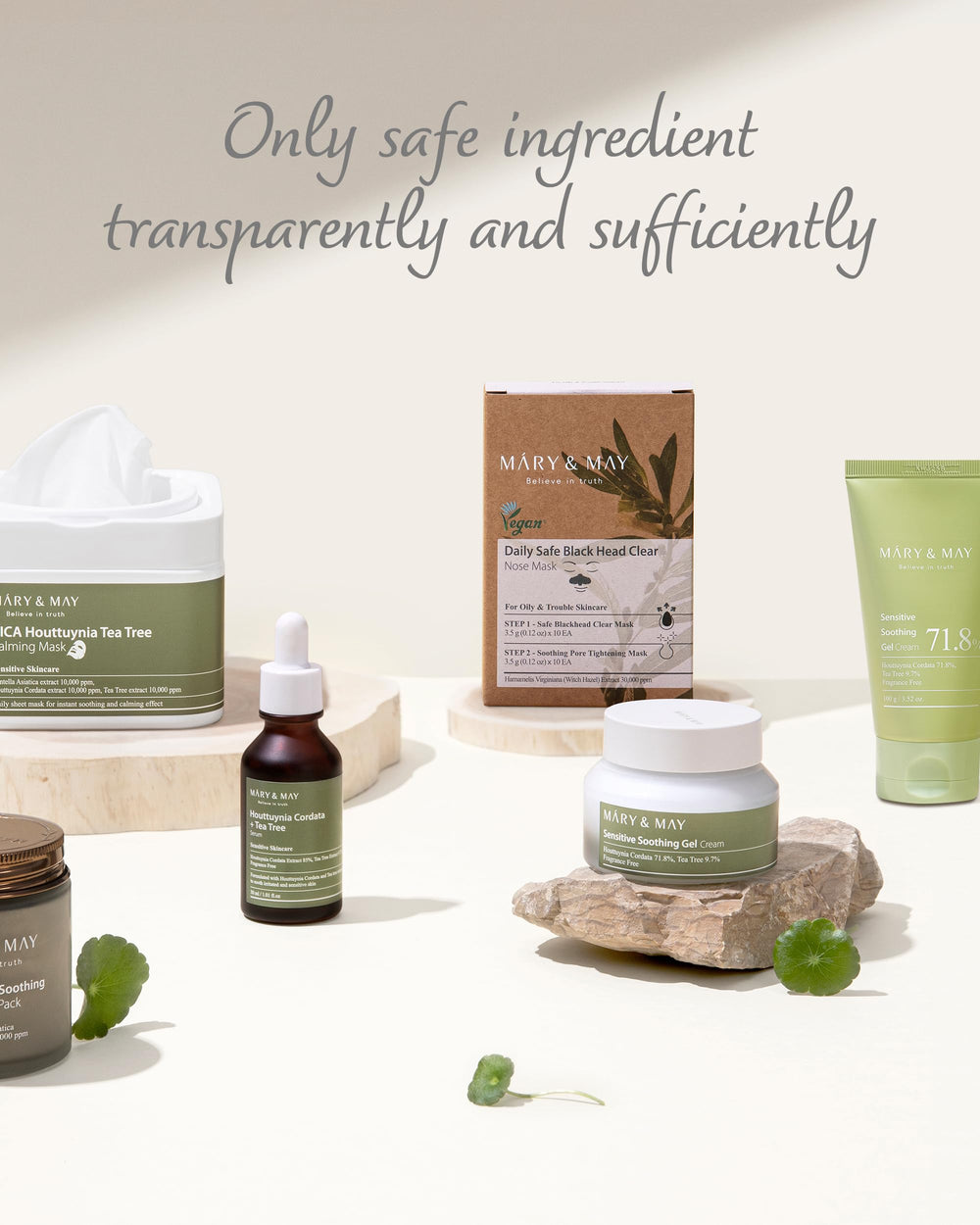 Mary&May packaging made with recycled paper and soy ink emphasizing eco-friendly beauty.
