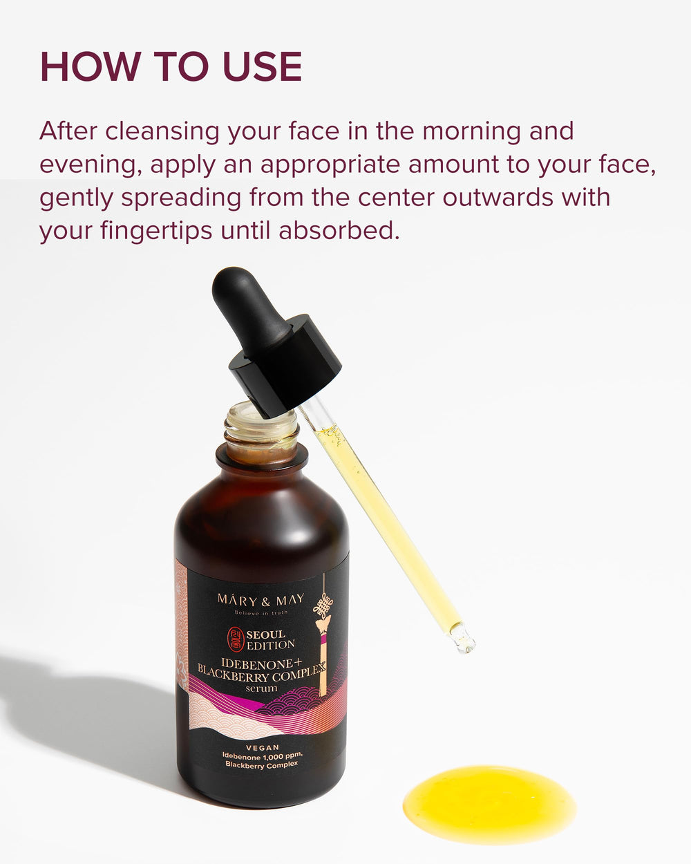 Mary&May Idebenone Serum hand-application demonstrates gentle, even coverage.
