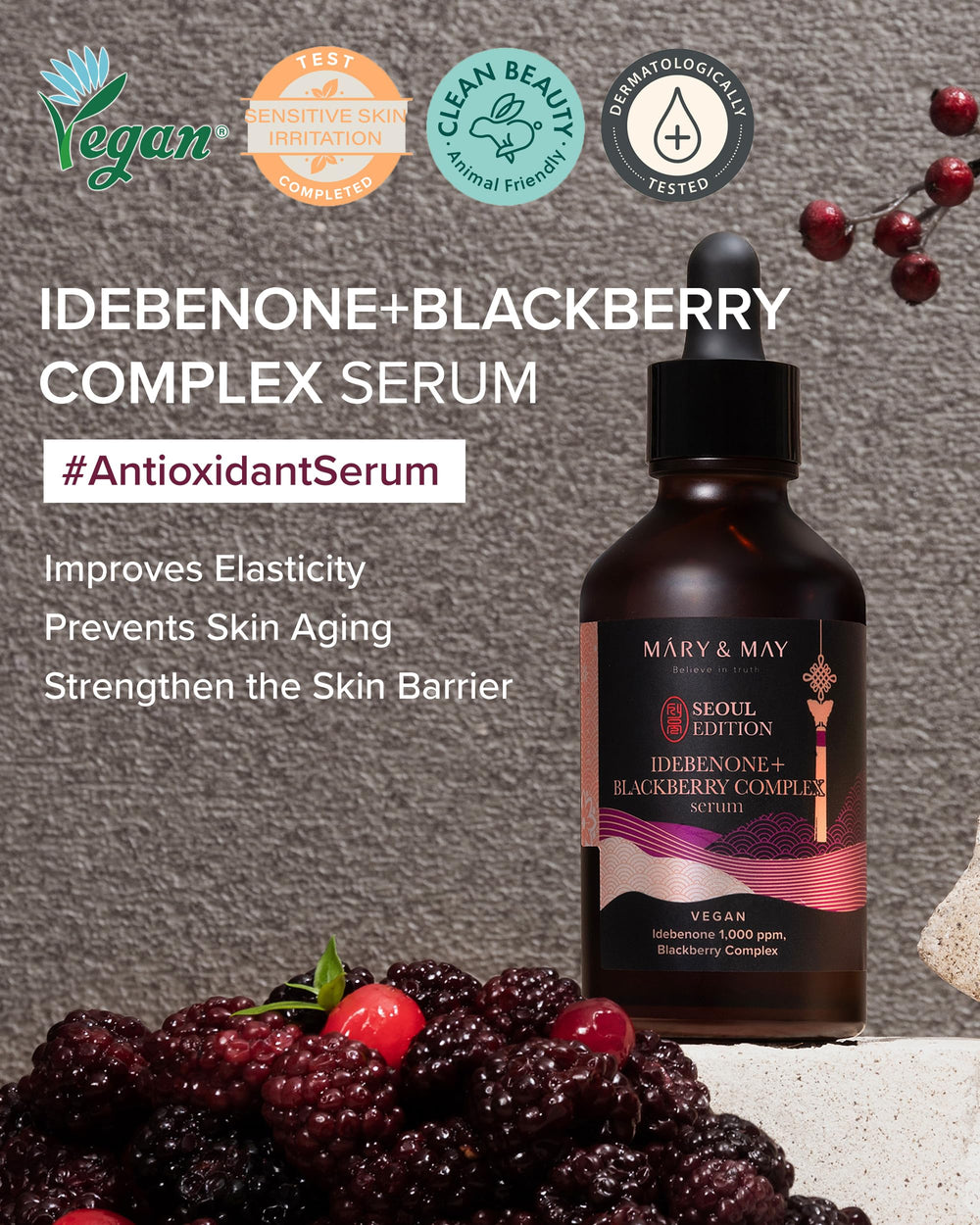 Mary&May Idebenone Serum pump close-up shows quick absorption for firm skin.