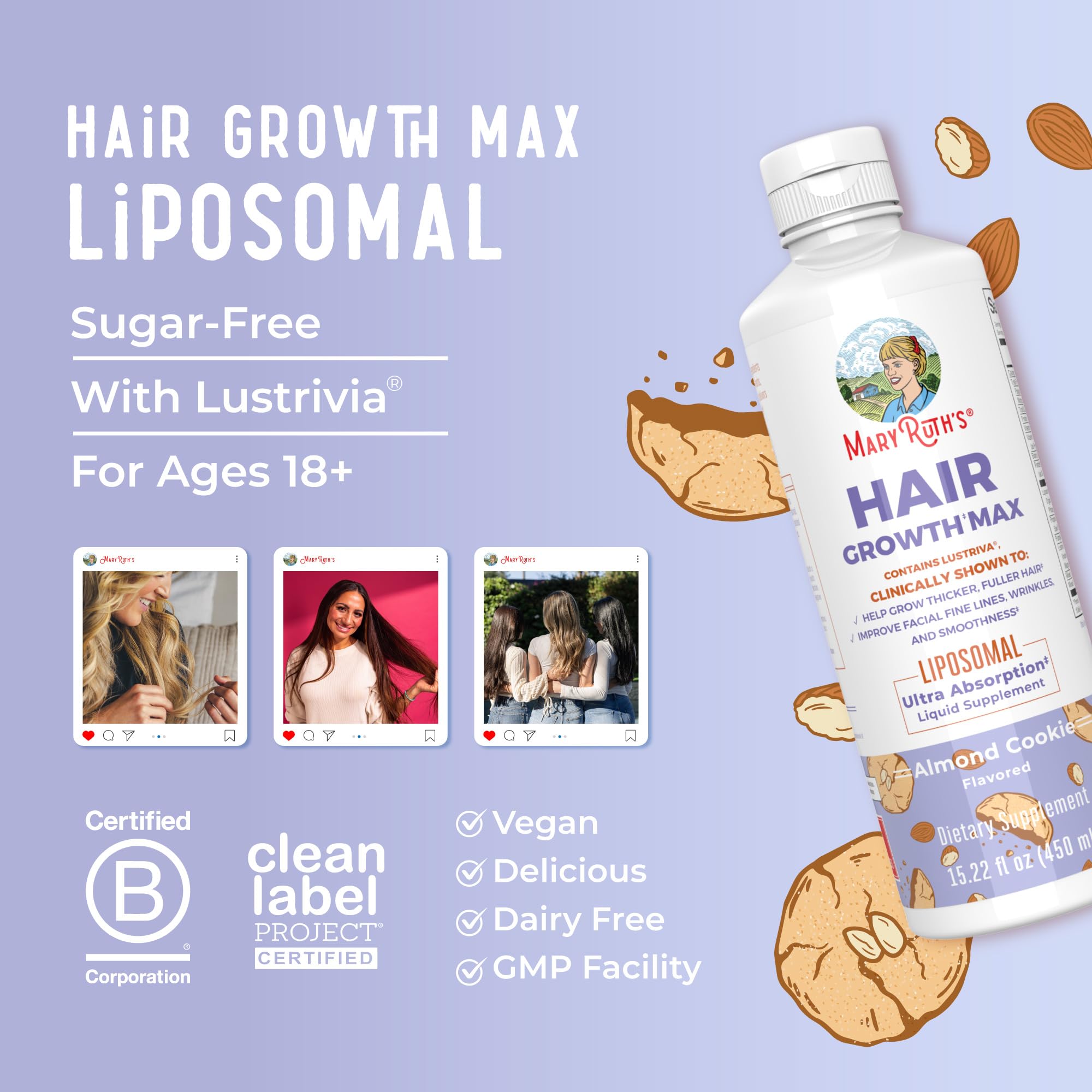 MaryRuth's Hair Growth Max Liposomal setting with almond cookie flavor idea.