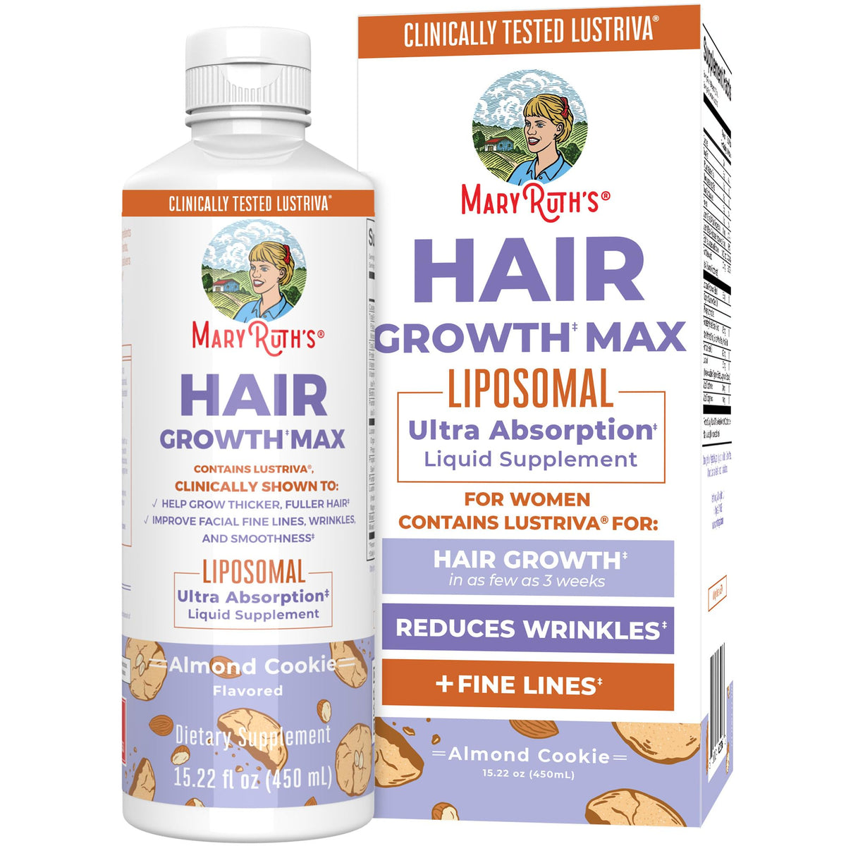 MaryRuth's Hair Growth Max Liposomal bottle on a kitchen counter for hair support.