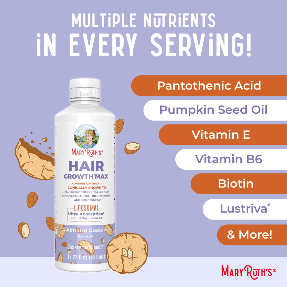 MaryRuth's Hair Growth Max Liposomal viewed with a spoon for easy dosing.