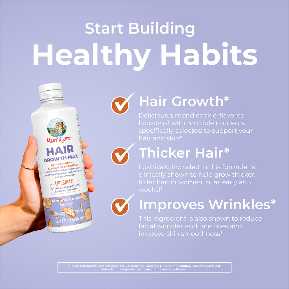 MaryRuth's Hair Growth Max Liposomal ingredient list and herbal blend close-up.