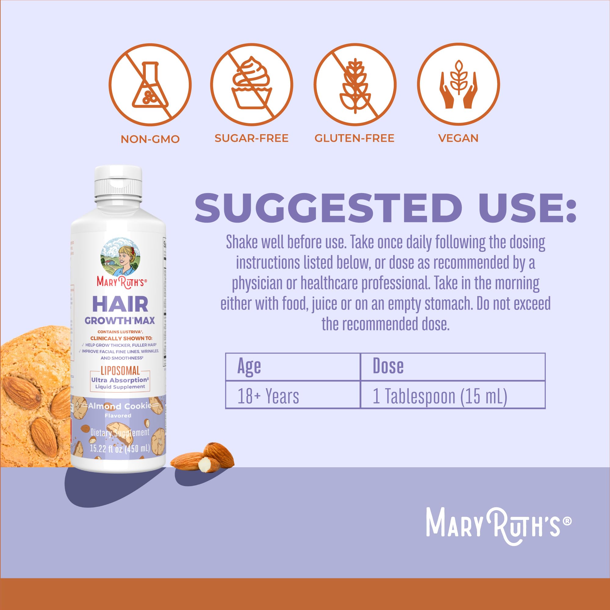 MaryRuth's Hair Growth Max Liposomal label close-up highlighting Lustriva and biotin.