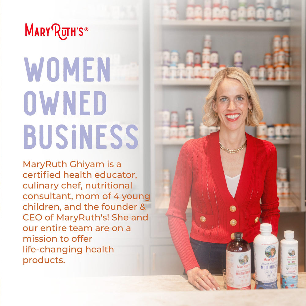 MaryRuth's Hair Growth Max Liposomal packaging with label details and certifications.