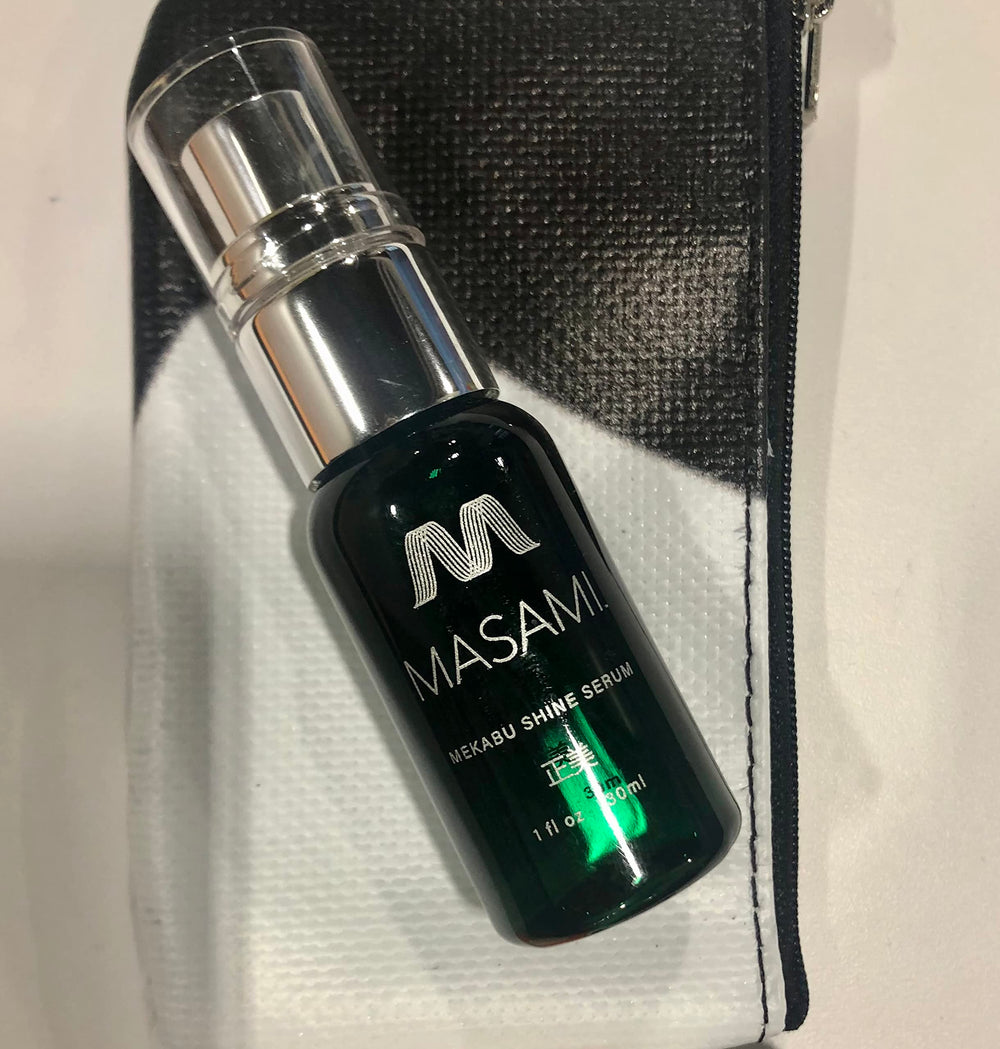 Masami Mekabu Hydrating Shine Serum application on damp hair for frizz control.