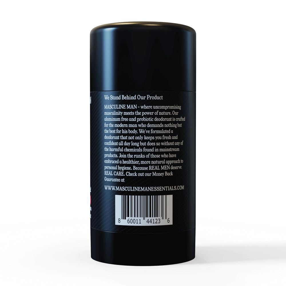 MASCULINE MAN made in USA deodorant packaging and natural ingredients.