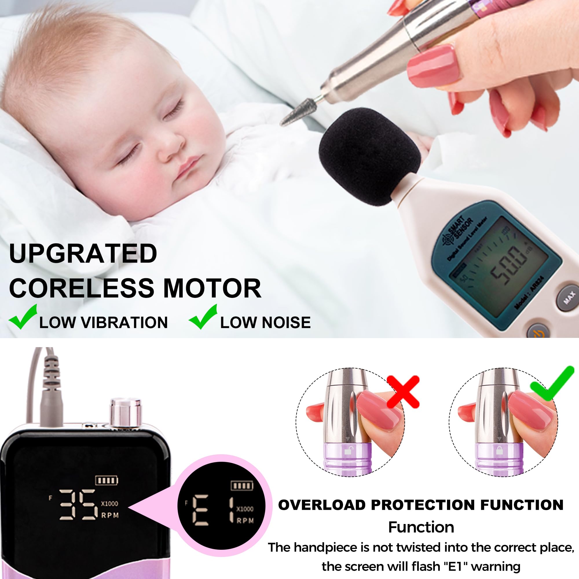Mase 35000 RPM high speed with quiet operation for smooth manicures