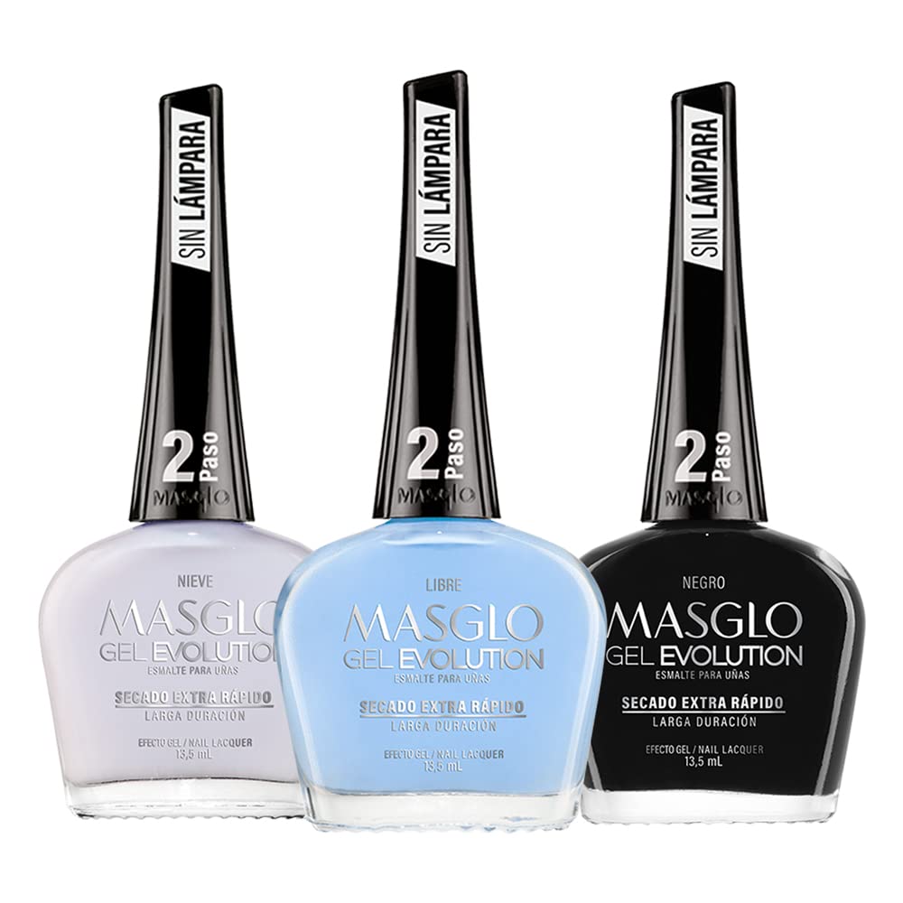MASGLO Gel Evolution set: three-polish bottles for a complete manicure system.