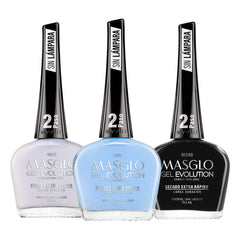 MASGLO Gel Evolution set: three-polish bottles for a complete manicure system.