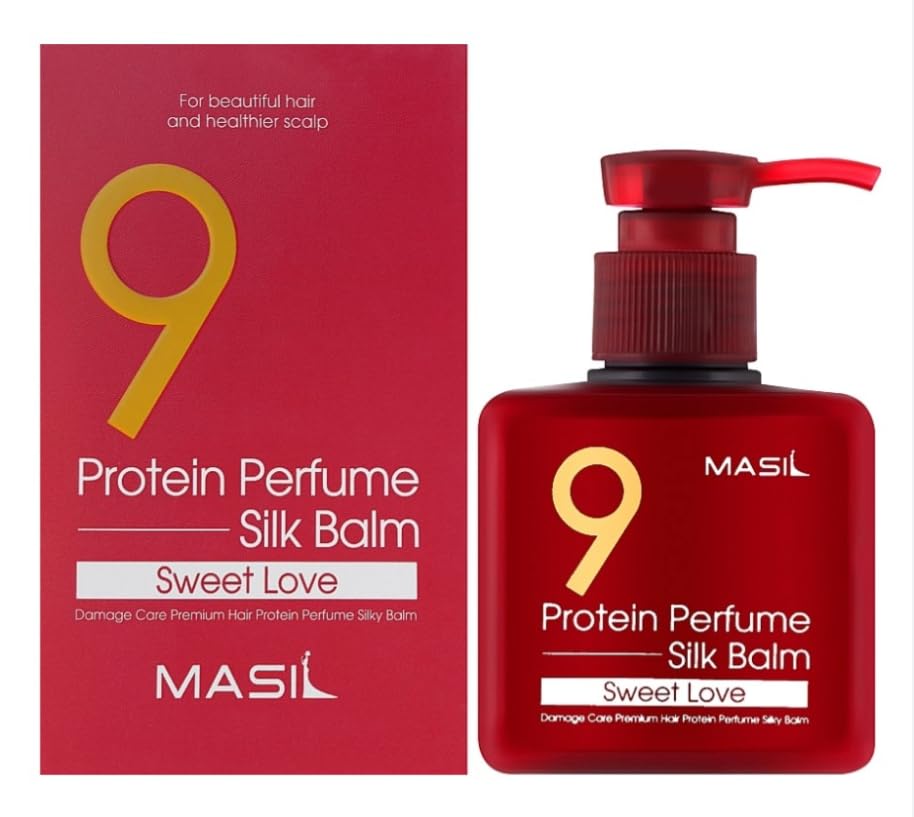 MASIL Protein Perfume Silk Balm Sweet Love bottle demonstrates light protection and subtle fragrance.