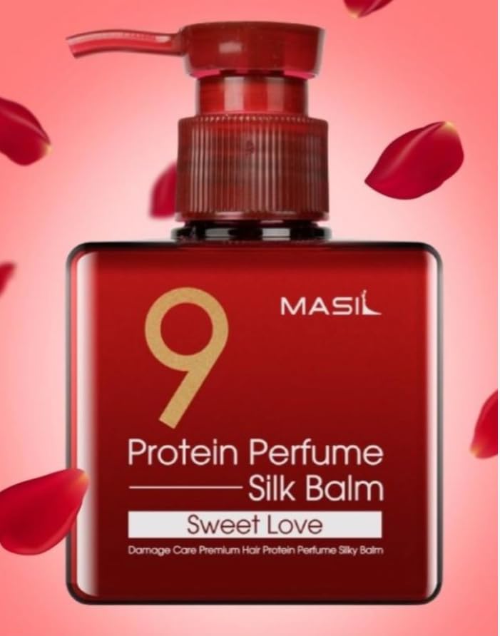 MASIL Silk Balm close-up highlights 9 proteins for repairing damaged hair.