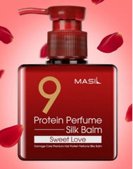 MASIL Silk Balm close-up highlights 9 proteins for repairing damaged hair.