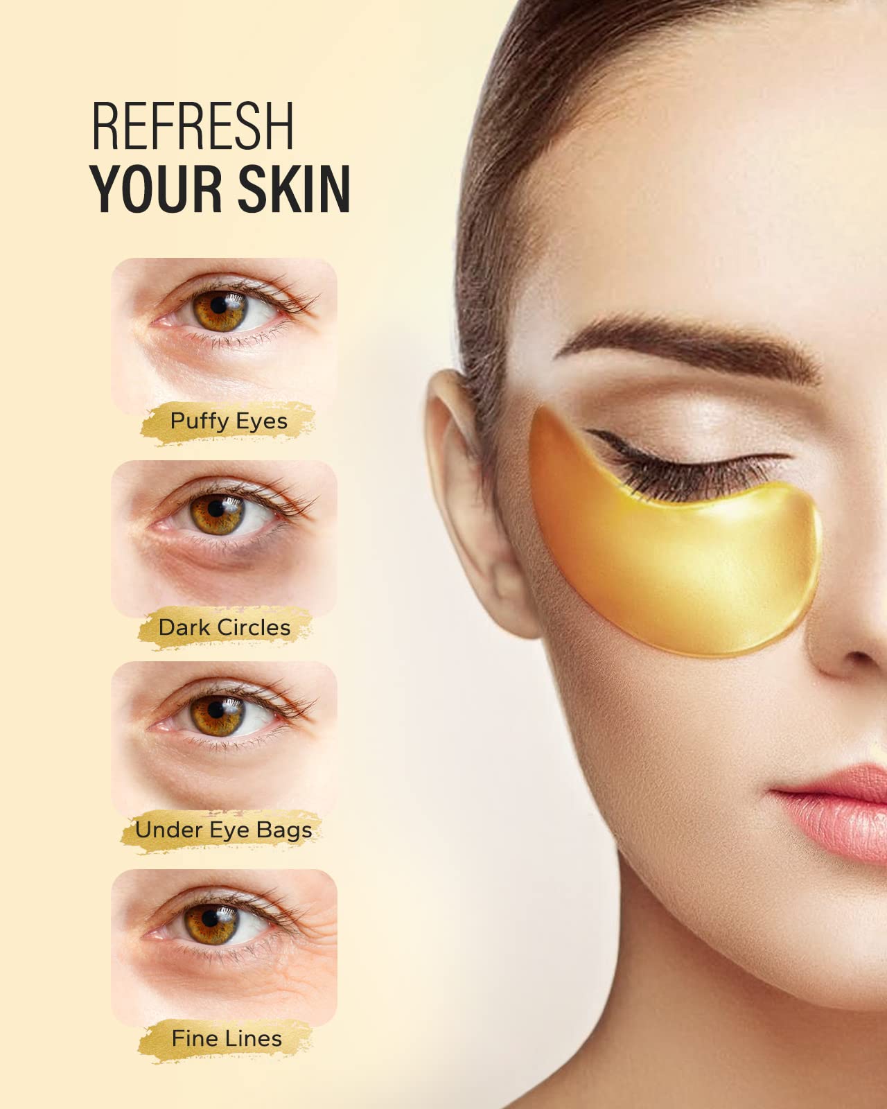 Maskiss 24k Gold Under Eye Patches ingredients close-up showing collagen and hyaluronic acid.