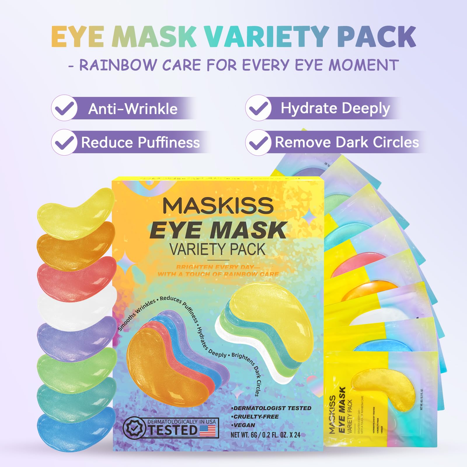 Maskiss 8-color under-eye patches closeup reveals vibrant textures and distinct formulas for various concerns.