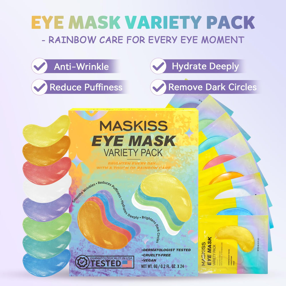 Maskiss 8-color under-eye patches closeup reveals vibrant textures and distinct formulas for various concerns.