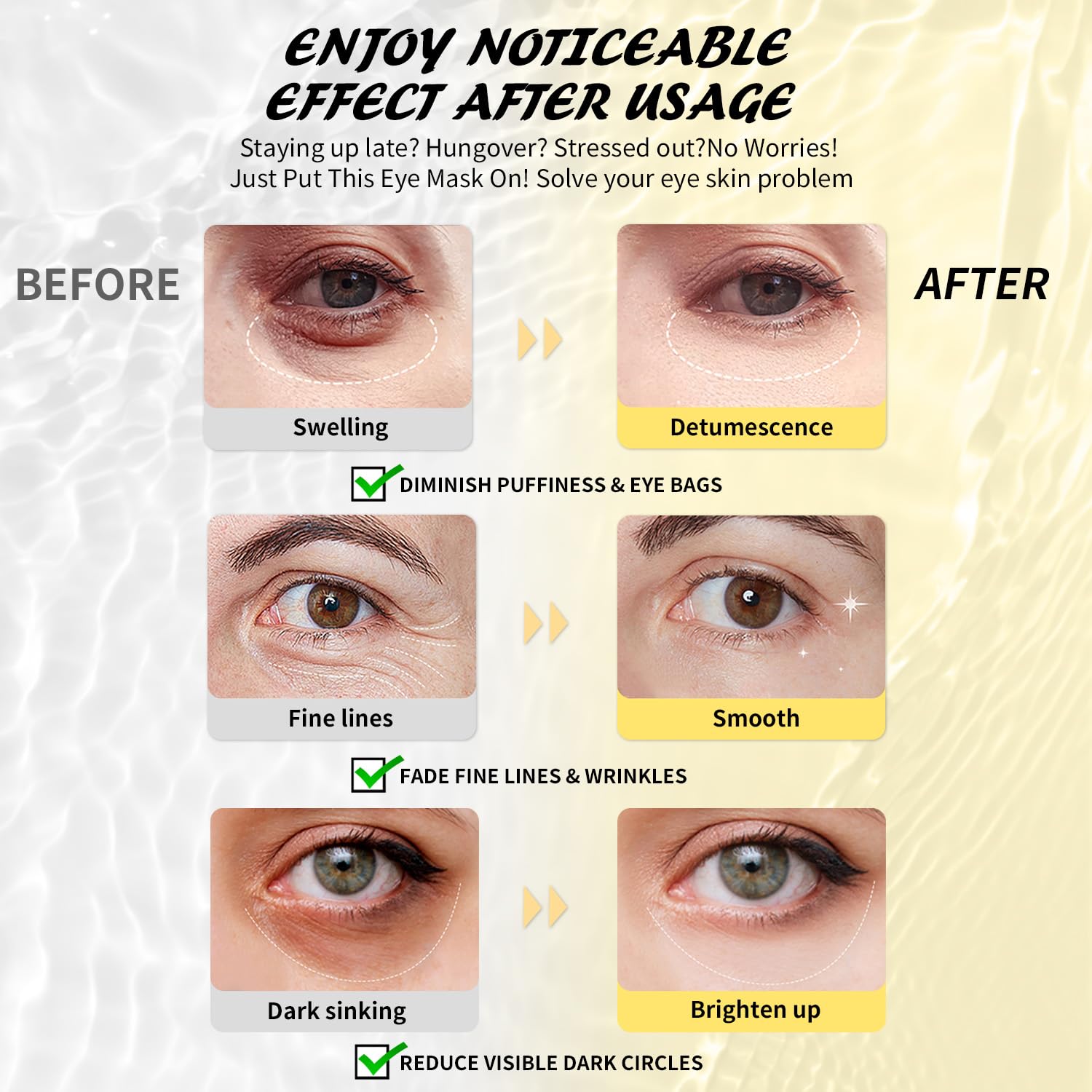 Maskiss caffeine patches applied under eyes for a refreshed look.