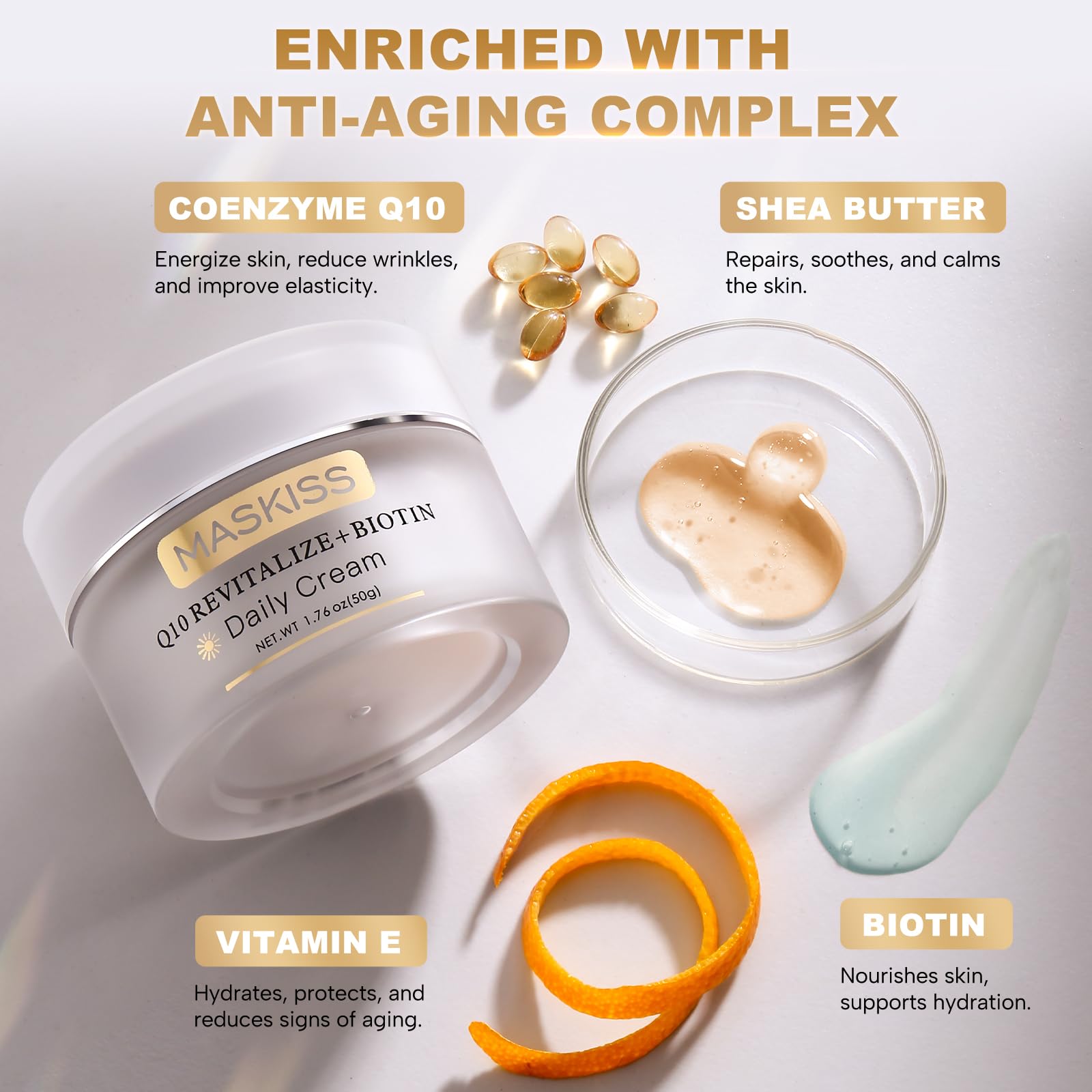 Maskiss face-neck cream texture closeup shows smooth, fast-absorbing formula for radiant skin.