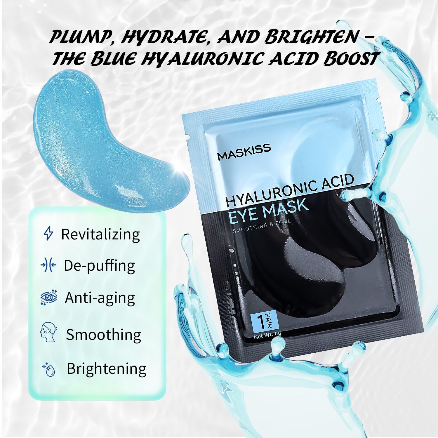 Close-up of Maskiss hyaluronic acid eye patches highlights hydration power.