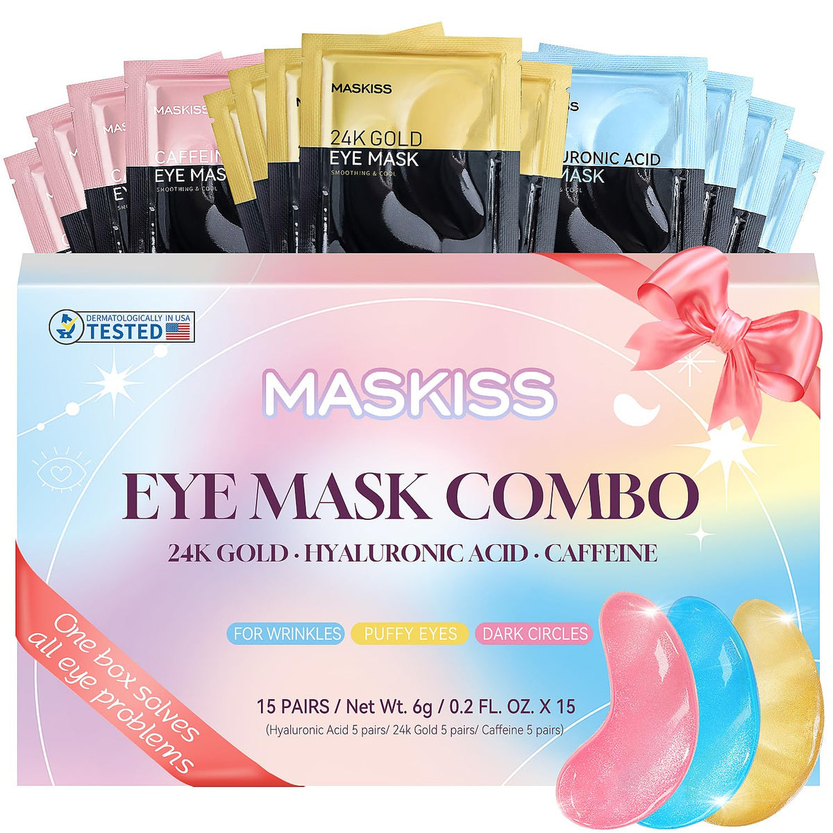 Maskiss under-eye patches box with 15 pairs for a quick eye refresh.