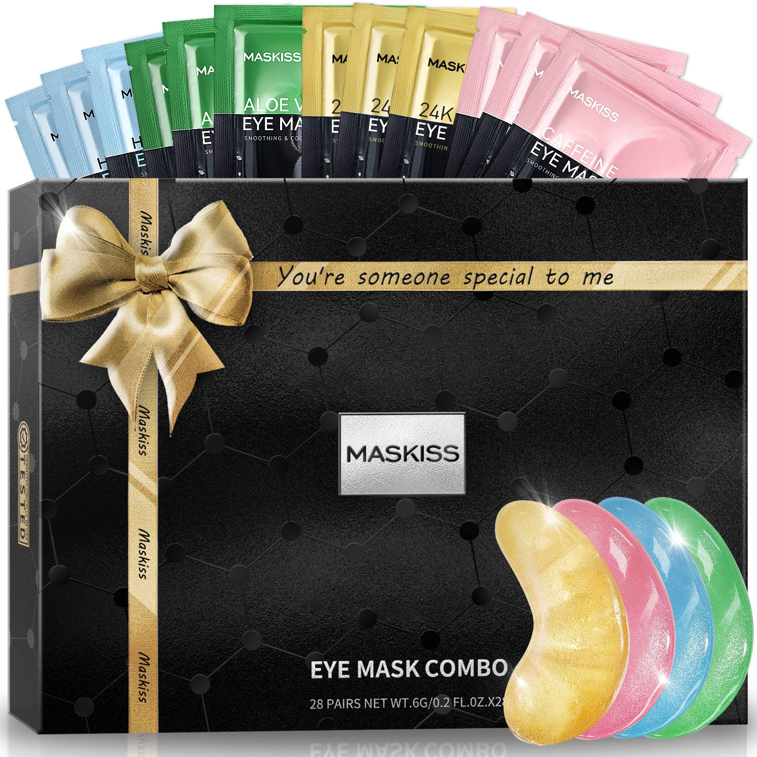 Maskiss under eye patches gold edition shown, smooths fine lines and brightens appearance