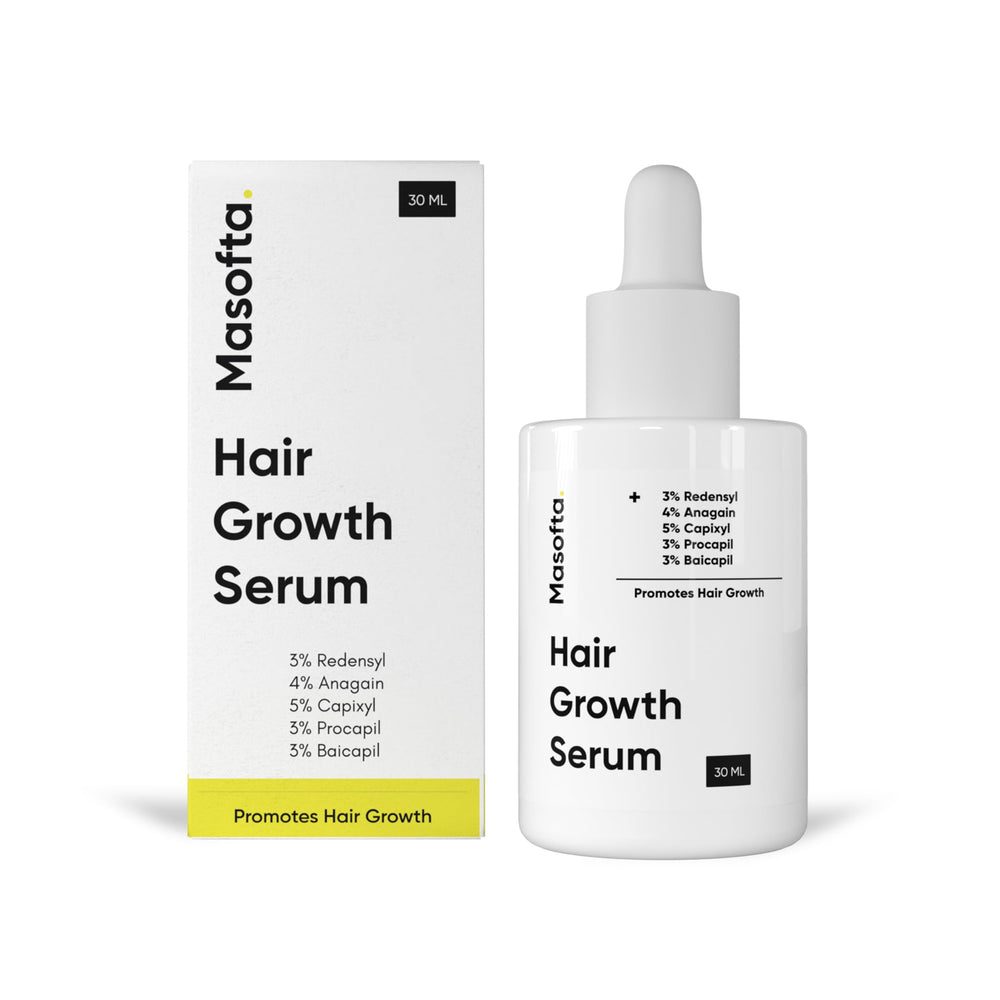 Masofta hair growth serum bottle for scalp care and density.