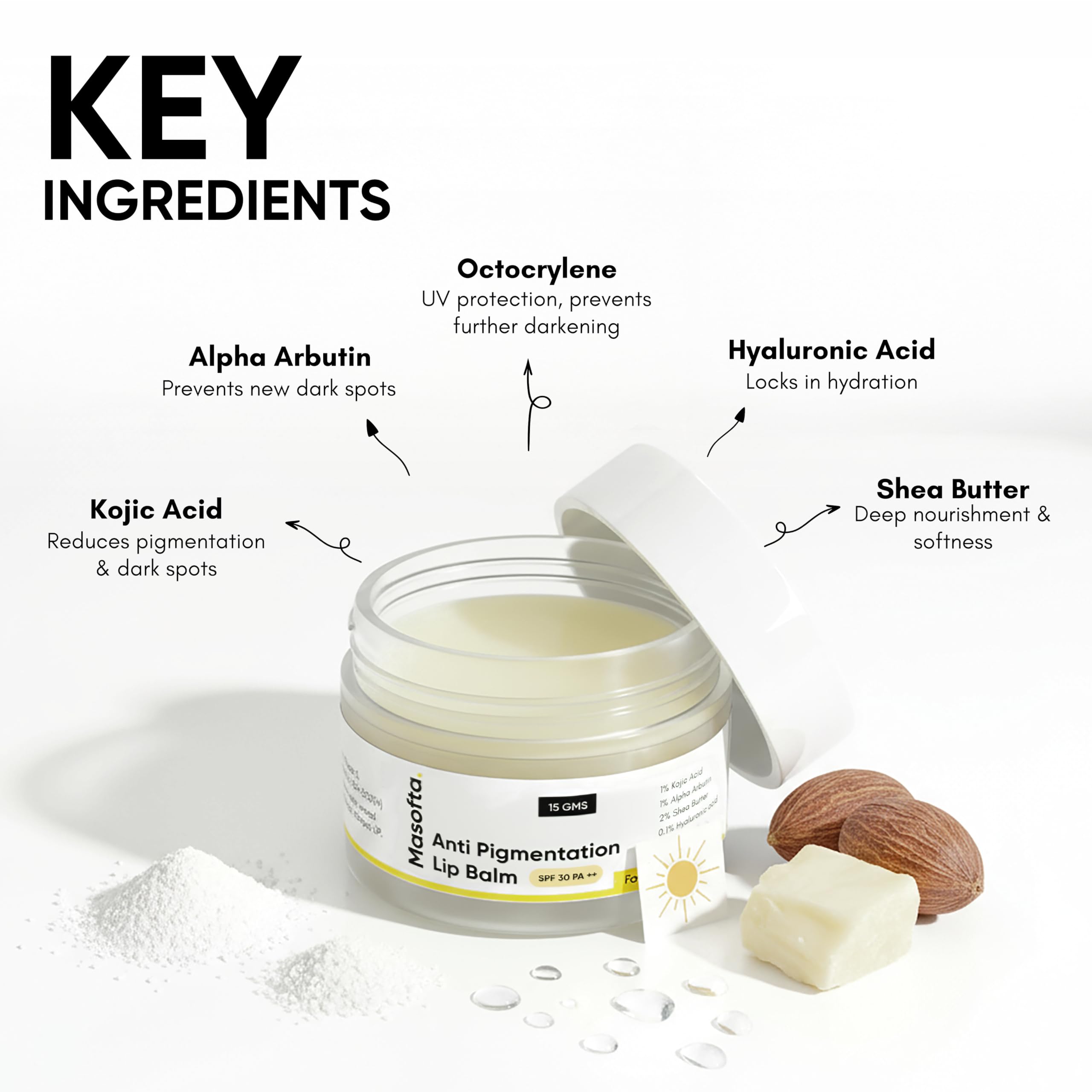 Masofta Kojic Alpha-Arbutin Lip Balm improves lip tone and moisture
